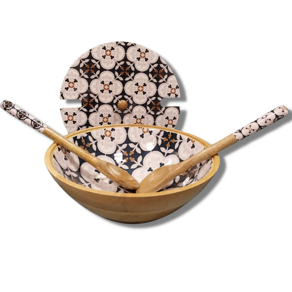 Gracie Oaks Wooden Serving Bowl With Lid & 2 Serving Spoons Palazzo